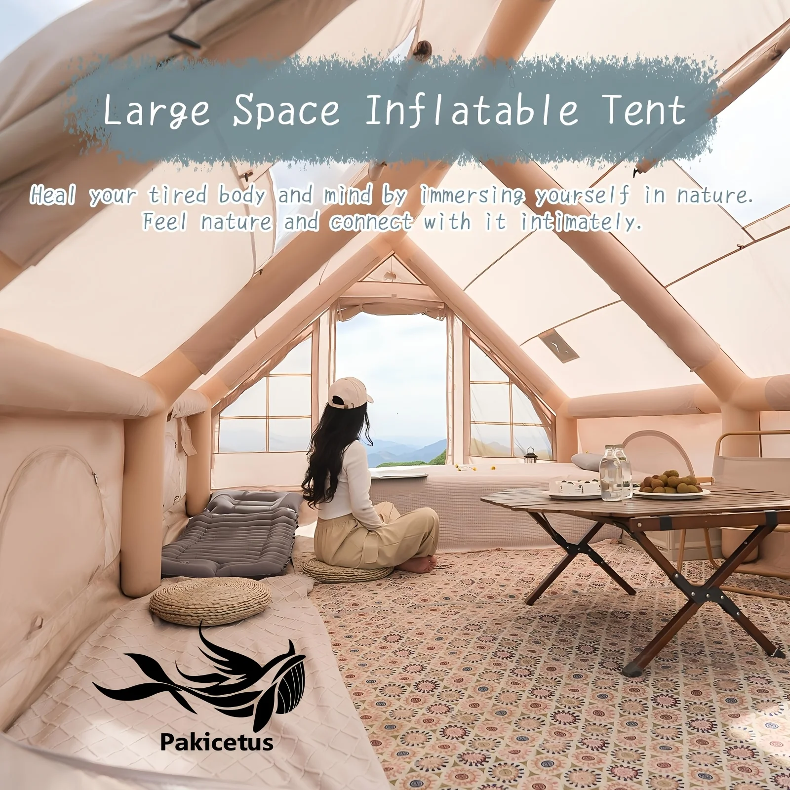 PAKICETUS Großes Aufblasbares Campingzelt mit Dachfenster, Schnellem Luftzirkulation & Atmungsaktivem Netzdesign, Sommer Glamping Hot Tents für Ca