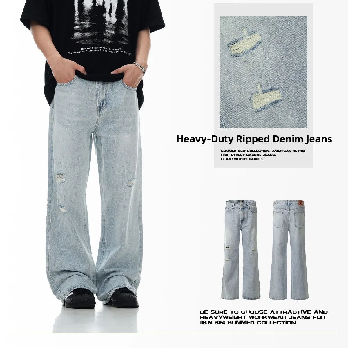 

Американские джинсы свободного кроя с рваными элементами, винтажные синие, повседневные, прямые, 3D-эффект, для мужчин и женщин