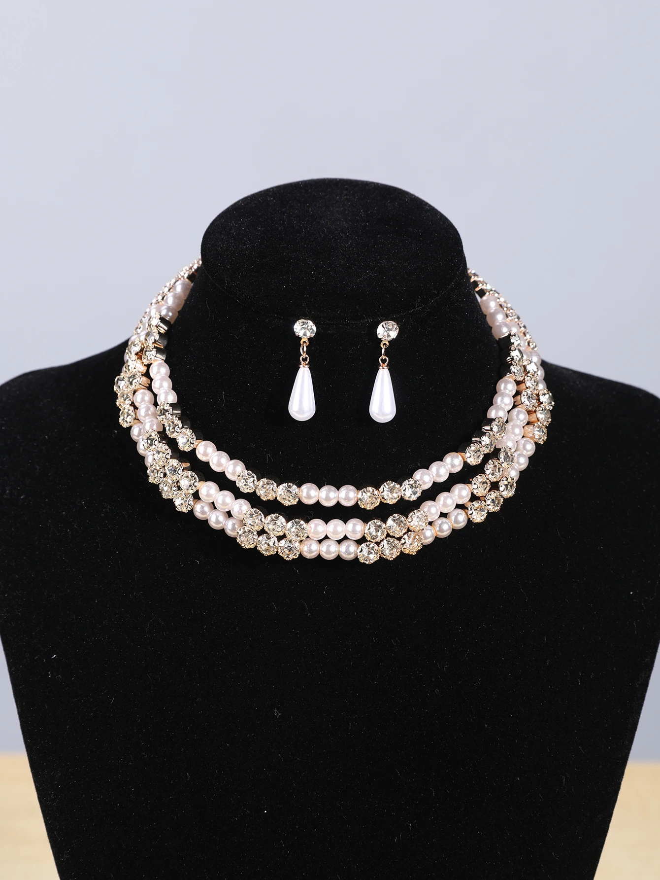 Multi-layer faux pearl and rhinestone necklace and earring set, vintage heavy-duty bridal necklace, wedding dress and party dress accessory for women