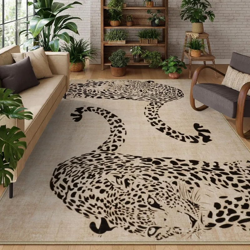Leopard Print Solid Color Living Room Carpet Large Area Sofa Rugoldable Machine Washable Bedroom Bedside Non-slip Soft Floor Mat