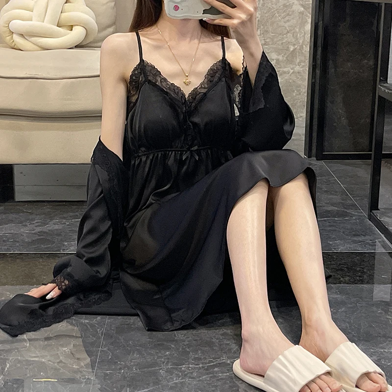 2025年夏新作-レディース-パジャマ-ネグリジェ-胸パッド付き-長袖-ストラップ-シルク-ホームウェア-セクシー-ブラック-アイスシルク