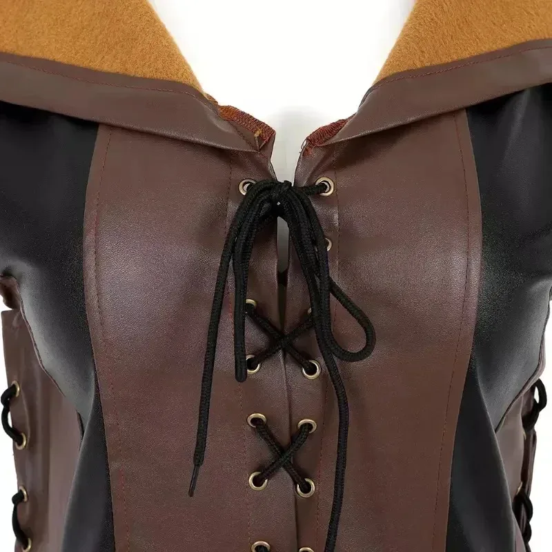 Medievale Archer Ranger Elfo Halloween Hobbit Costume Donna Assassino Jerkin Cosplay Corpetto Abito Cappuccio in pelle Veste Mantello per adulto