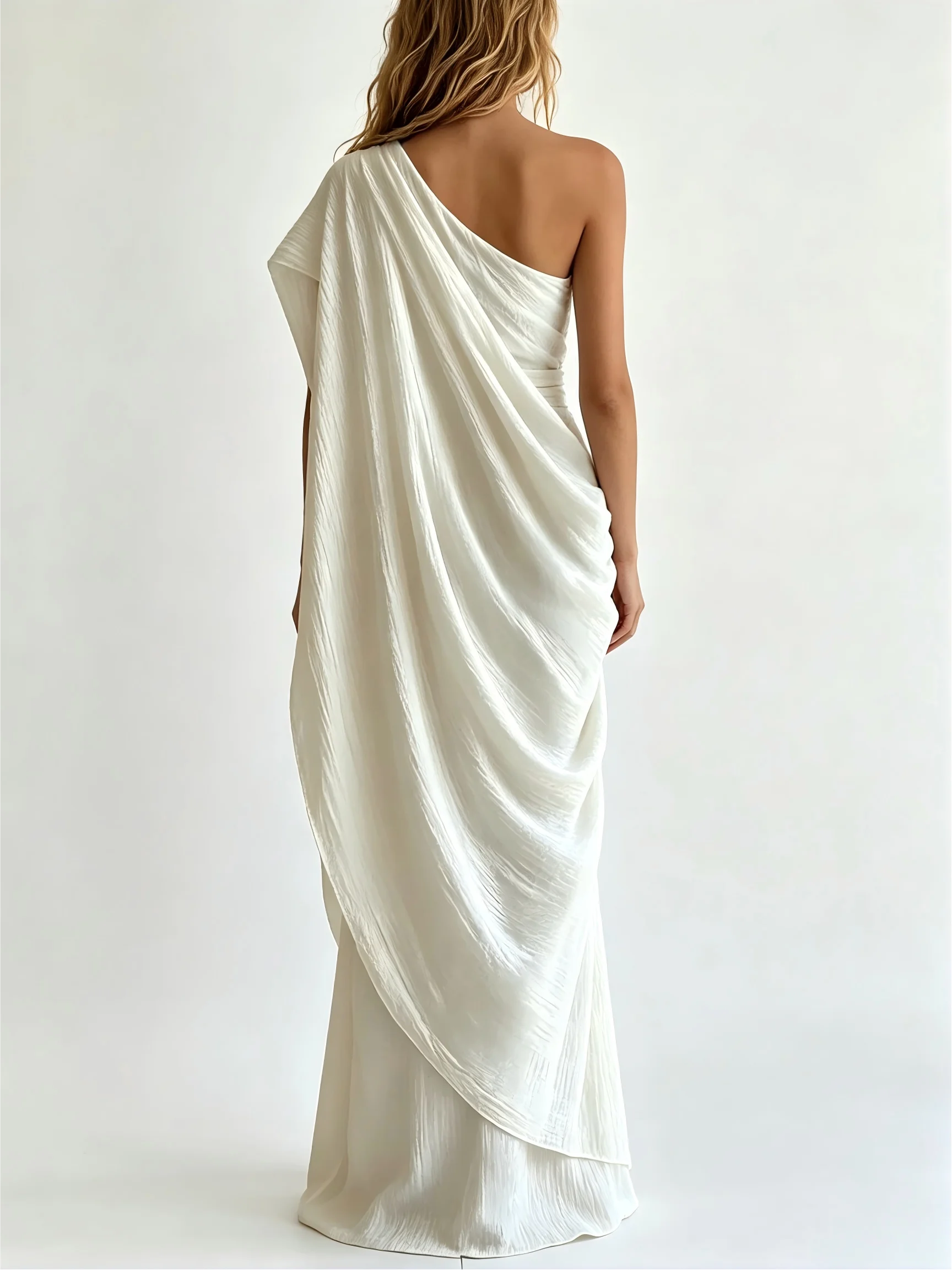 Women One Shoulder Draped Maxi Dress With Waist Belt Elegant Solid White Flowy Long Gown