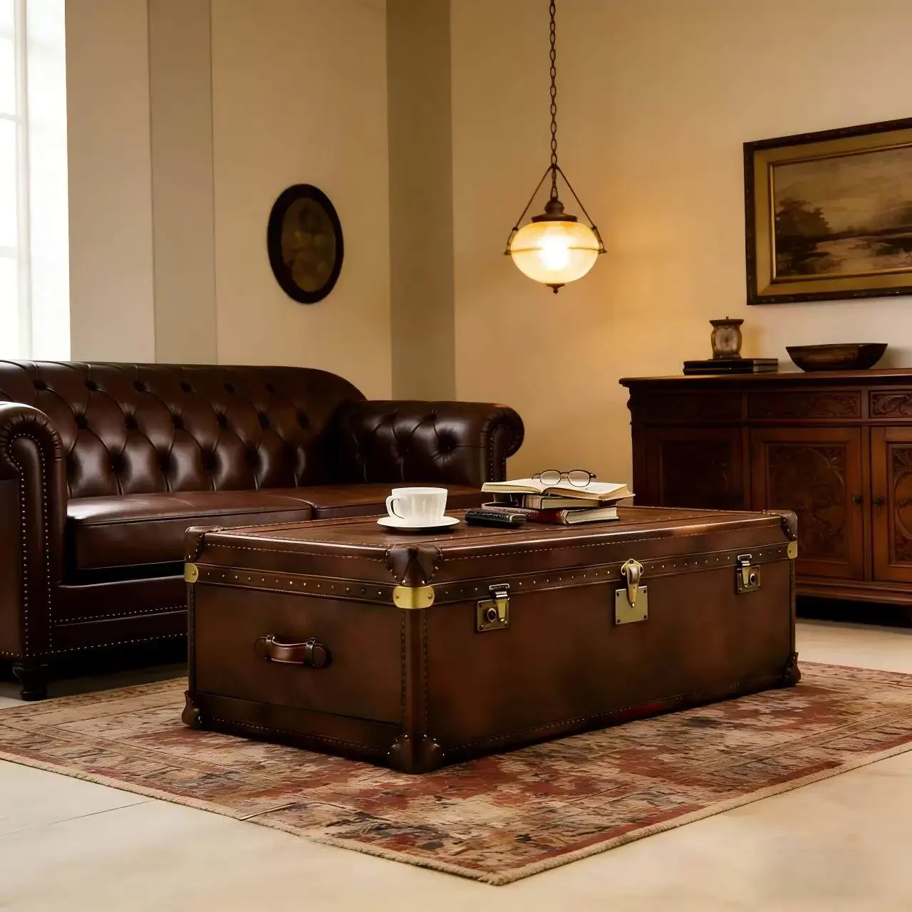 American retro oil wax leather villa living room advanced storage box antique storage coffee table