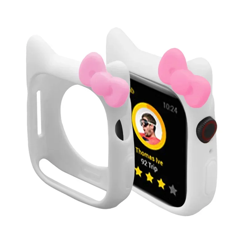 Hello Kitty Bow Cat Soft Silicone Band cartoon Case For Apple Watch Series 7 SE 6 5 4 3 2 1 Cover for iwatch 38 40 41 42 44 45MM