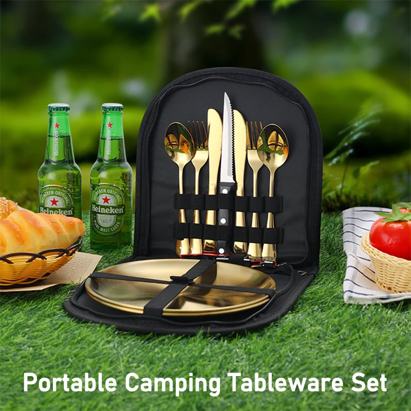 

Camping Tableware Set Stainless Steel Picnic Cutlery Steak Knife Cutlery Set Picnic Cloth Plate Kit Portable Camping Cutlery Set