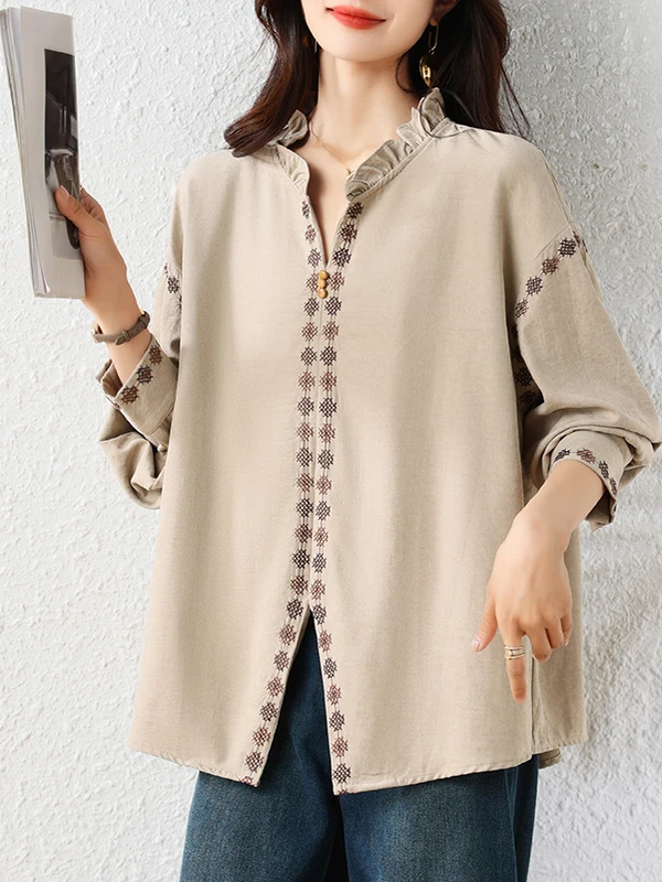 

Модное вышитое длинное платье-рубашка с V-образным вырезом, свободного кроя, женская одежда, деревянный браслет, осенняя новинка