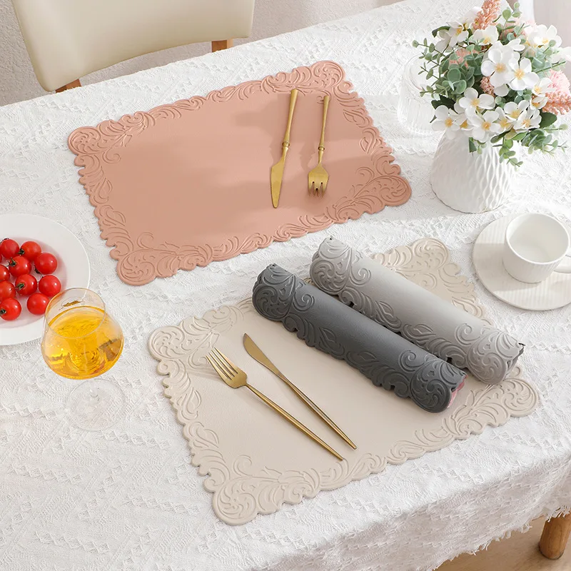 Embossed Lace PU Leather Placemat Home Restaurant Oil Resistant Heat-resistant Coffee Tea Dining Table Decorative Mat Coaster