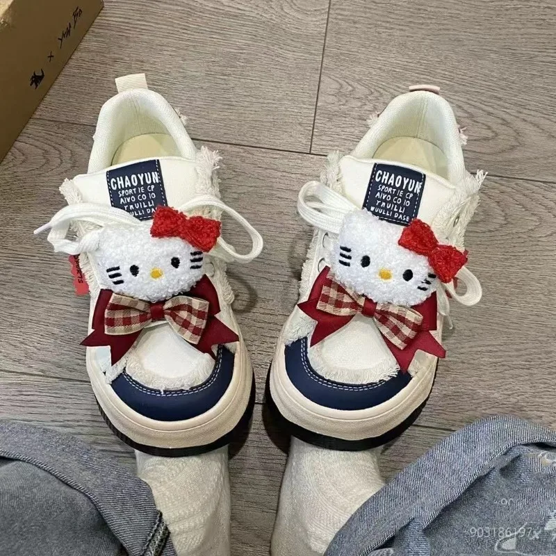35–40 обувь Hello Kitty, туфли на платформе с бантом, белые туфли, студенческие универсальные повседневные кроссовки на платформе в консервативном стиле, женская обувь