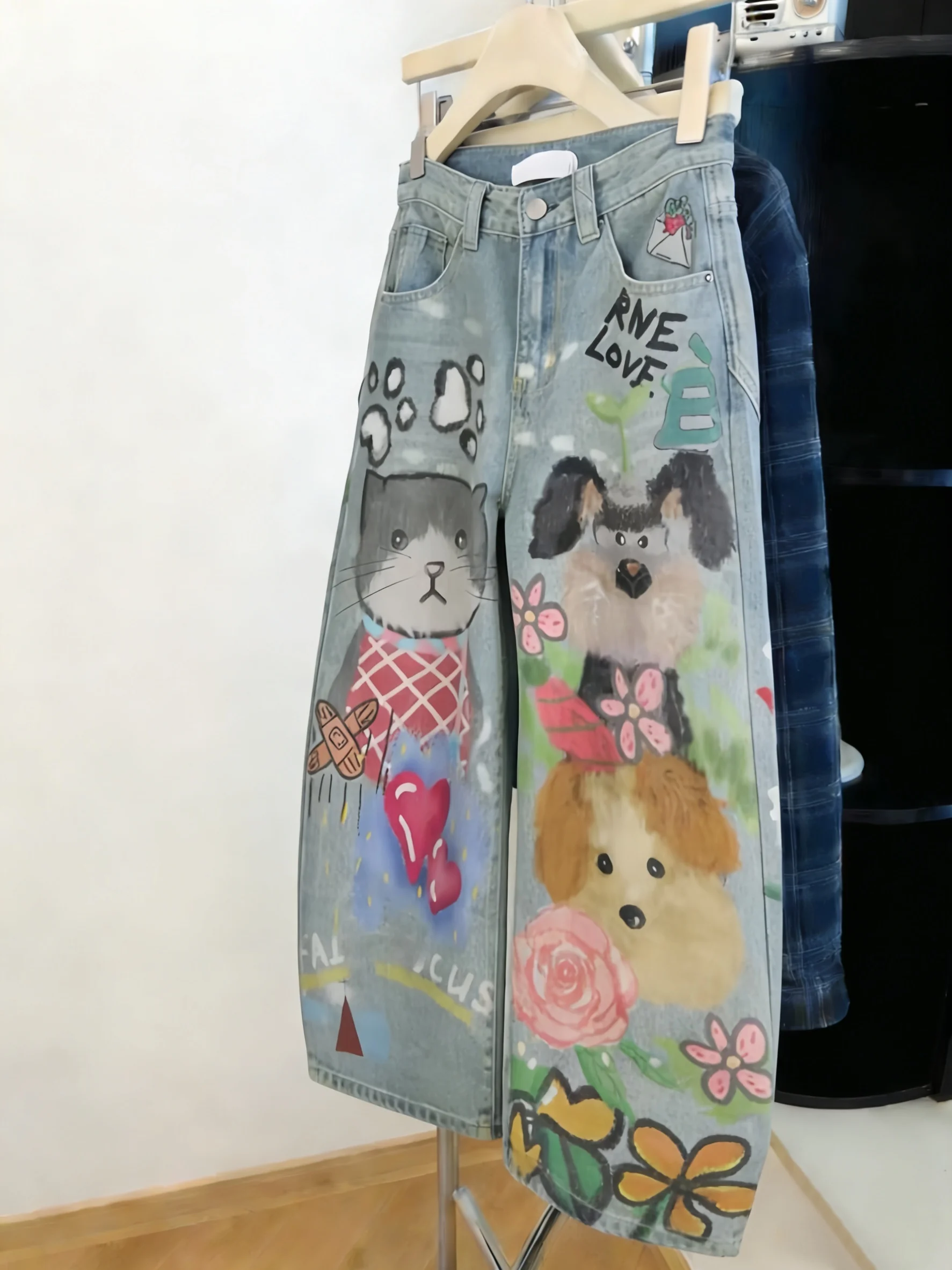 

Свободные женские джинсы на весну-осень с принтом, прямые, струящиеся, длинные брюки в американском ретро-стиле, повседневные, модные