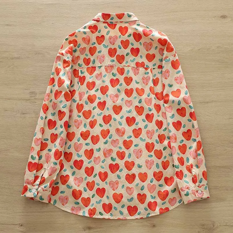 Women's Korean Fashion Clothing Cute Heart Shape Graffiti Printing High End Cotton Shirts Long Sleeve Loose Tops Female SY2679