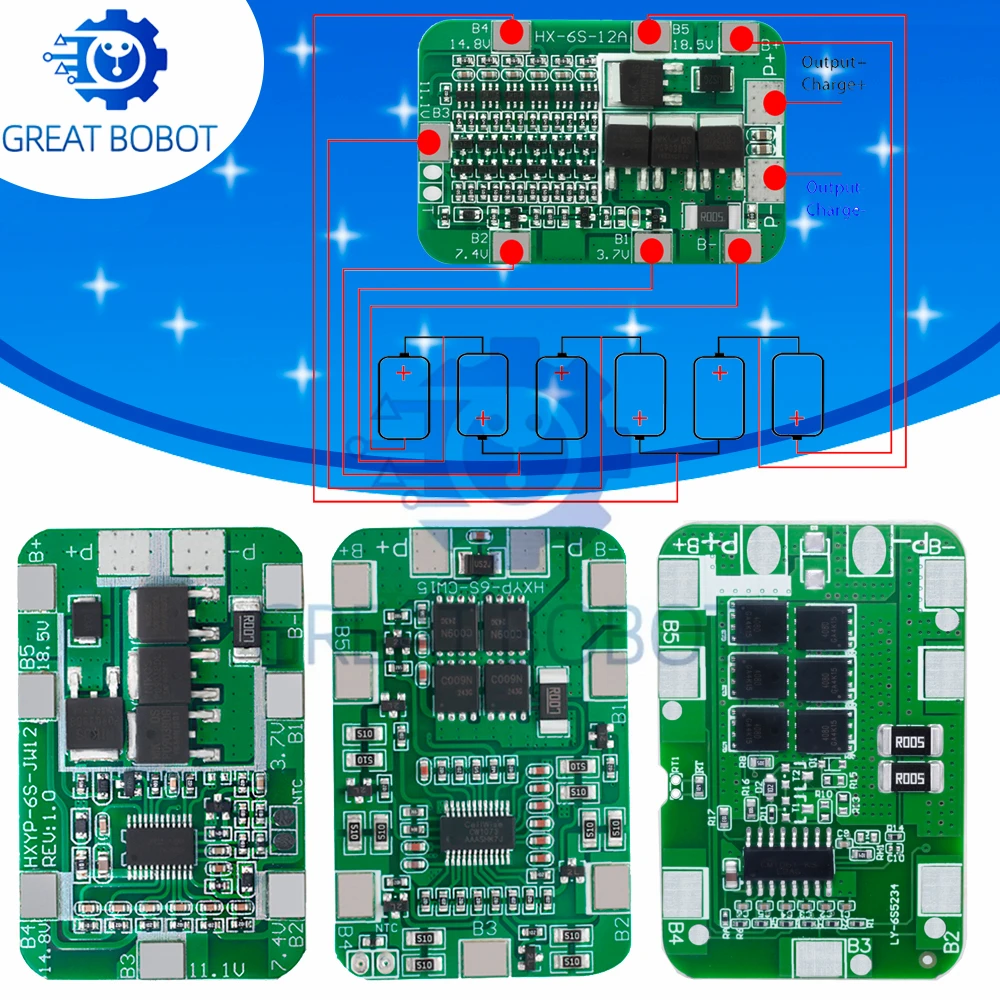 6S 24V-25.2V 12A/25A BMS Board (6-Pack): 18650-Compatible Li-ion with Balancing