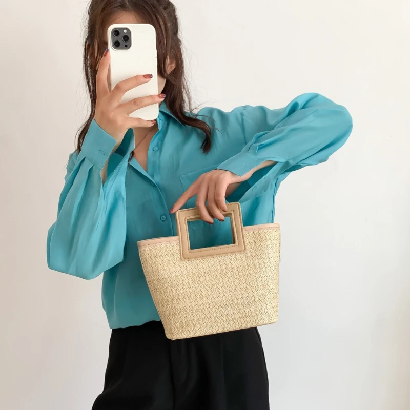 Square Hollow Handle Straw Woven Handbag, Faux Leather Trim Mini Tote Bag, Vacation Beach Top Handle Purse,Women Holiday Bag