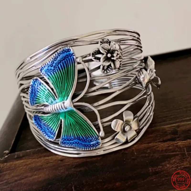 

S999 Sterling Silver Bracelets for Women New Women's Fashion Enamel Butterfly Flowers Hollow Bangle Drop Earrings Wholesale