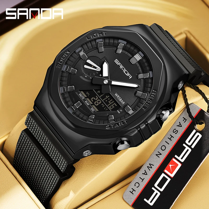 SANDA Watch for Men Dual Time Display Outdoor Sport Wristwatch Stopwatch Alarm Army Military LED Digital Electron New Male Clock