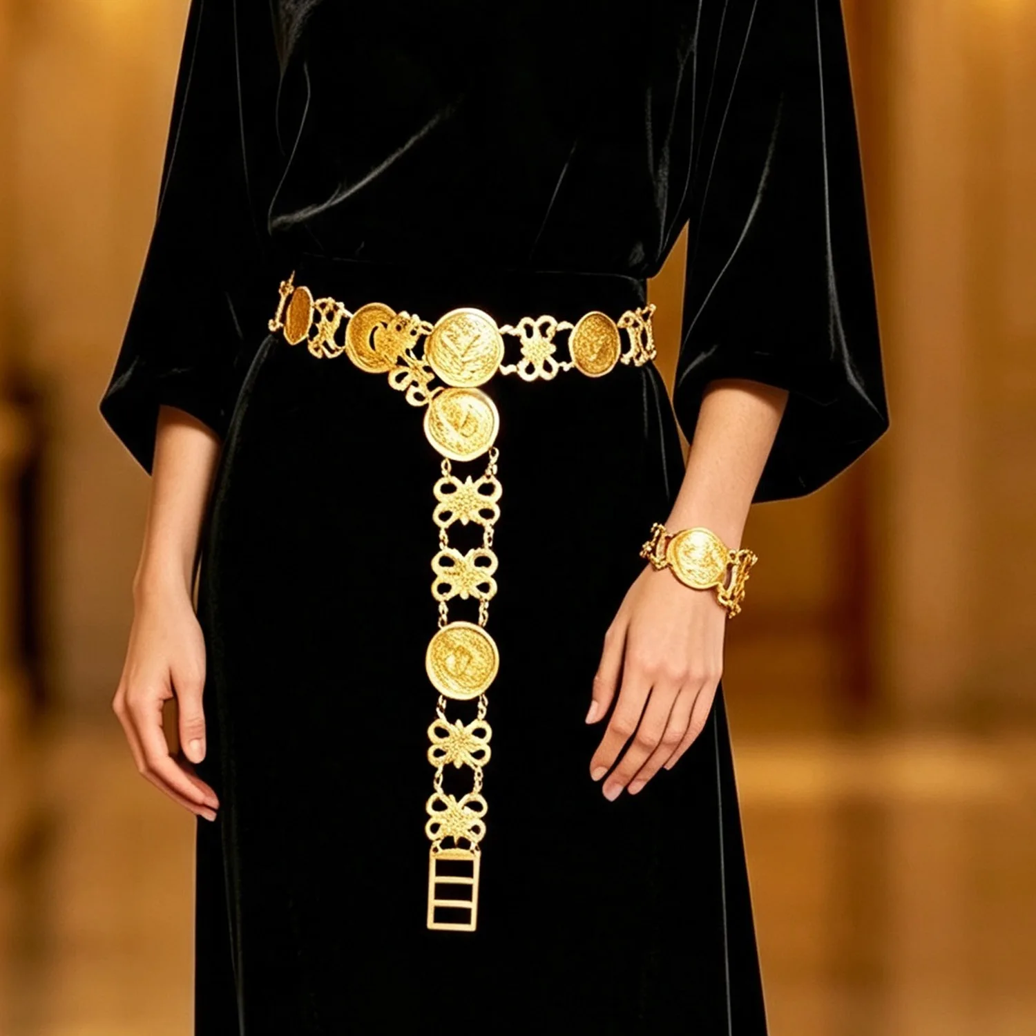 Ethnic Tribal Gold Coin Hollow Flower Waist Chain Bracelet Jewelry Set For Women Kurdish Turkey Wedding Dress Accessory Belt