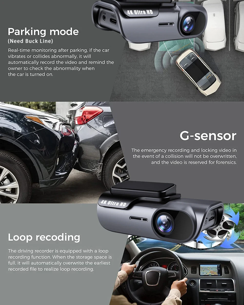 4K Ultra HD Dual-Lens-Dashcam mit integriertem 5G-WiFi und GPS, Auto-Videorekorder, Fahrtrekorder, unterstützt Parküberwachung, App-Steuerung – Detail 9