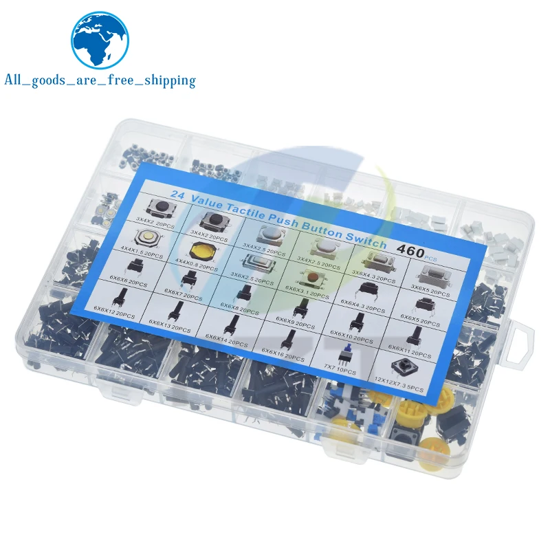 460pcs 24 Values Tactile Push Button Switch SMD Micro Momentary Tact Switch Assortment Kit for Car Remote Control with Box