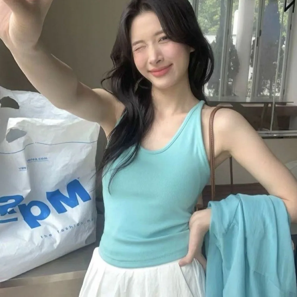 Korean Style with Chest Pad Strap Vest Solid Color Slimming Backless Sleeveless Top U-Neck Women Camis Summer