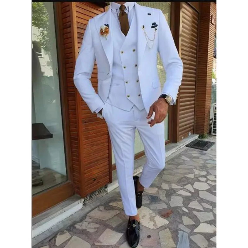 

Мужские костюмы Slim Fit (пиджак + брюки + жилет) Красивые белые смокинги для жениха из трех предметов для свадьбы, официальный выпускной костюм, вечерние, Terno