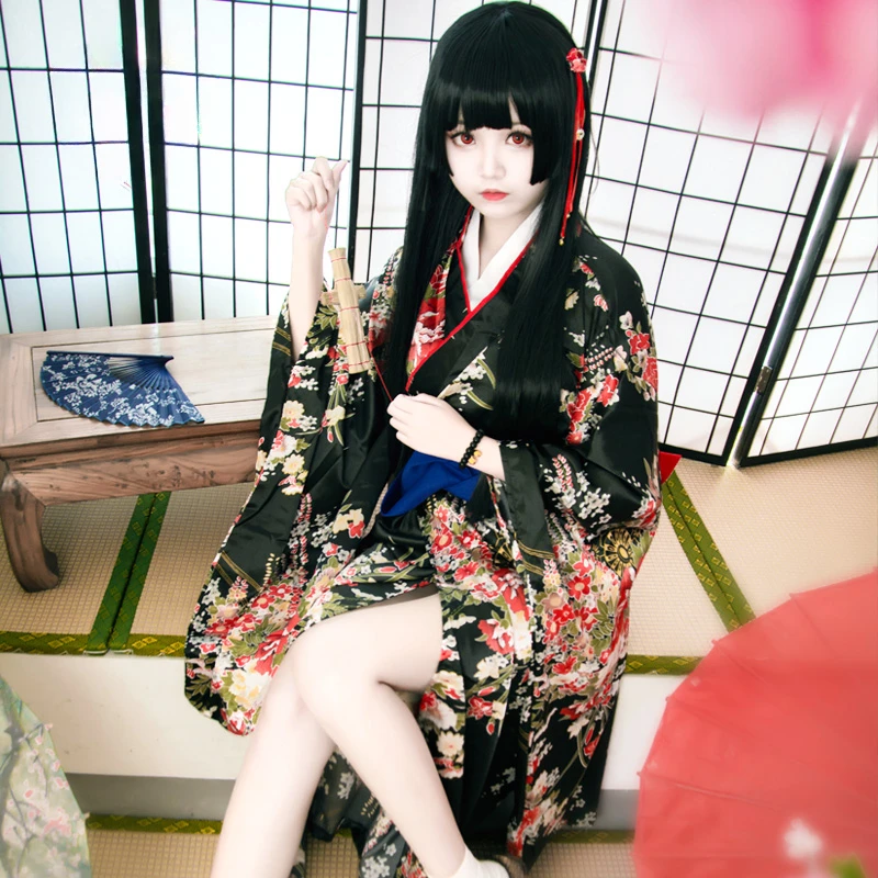 Jigoku Shoujo Enma Ai Maid Dress Kimono Yukata Uniform Outfit Anime Cosplay Costumes Kimono + Belt  + bowknot + folding fan