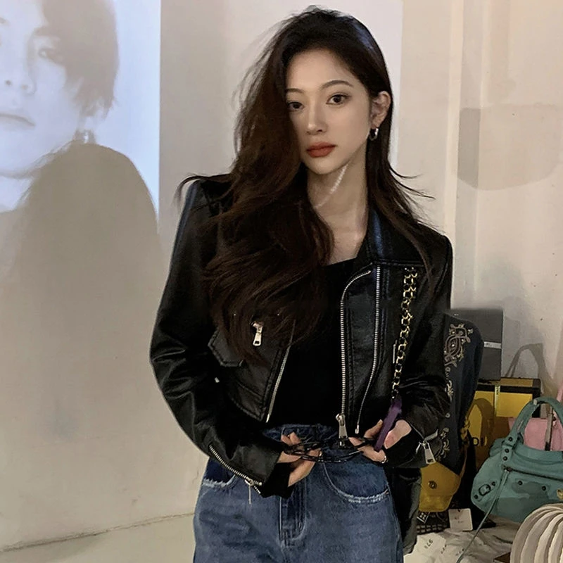 여성용 블랙 숏 바이커 재킷 (2025 봄/가을)