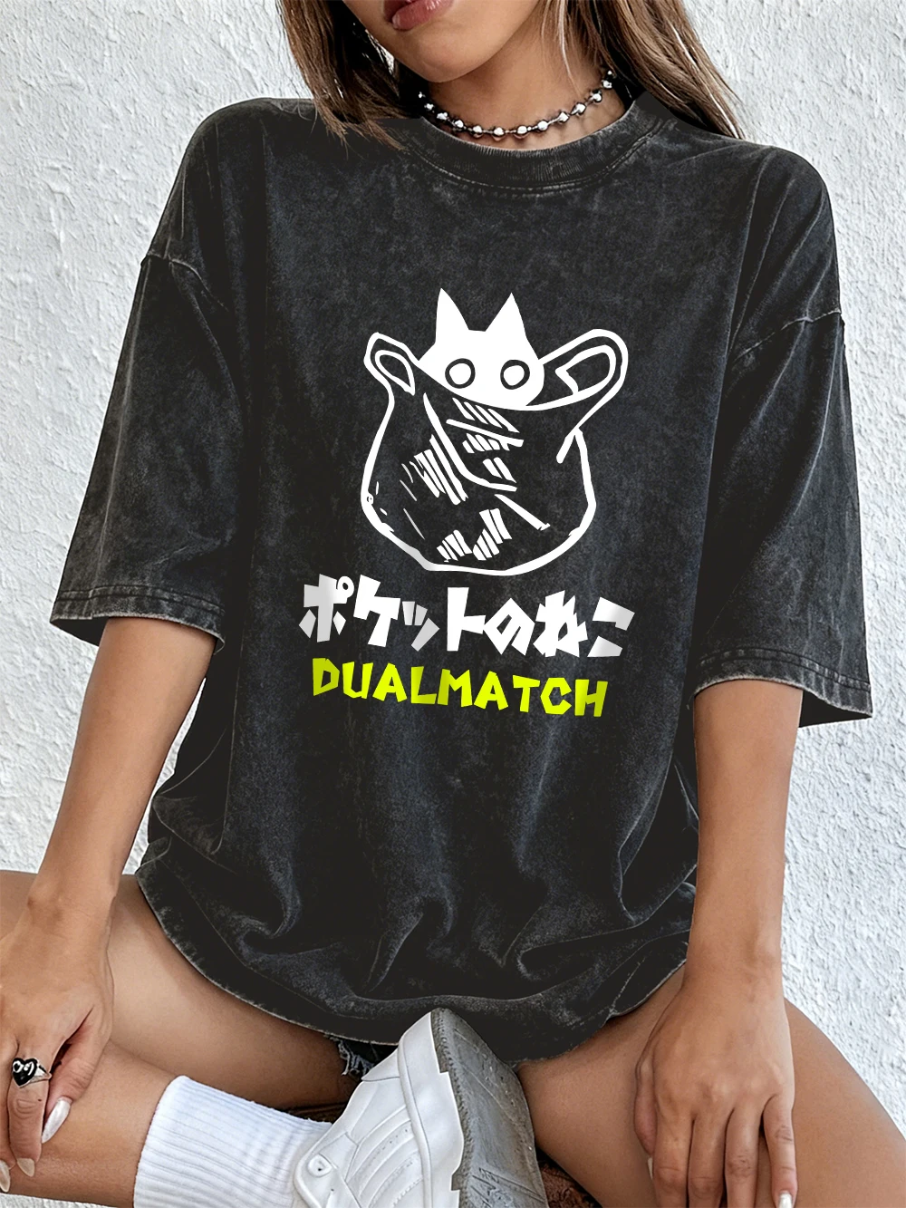 

Cute Cat Cartoon Prints Washed T-Shirts Womens Cotton Short Sleeve Tops Hip Hop O-Neck Oversized T Shirt Summer Soft Clothes