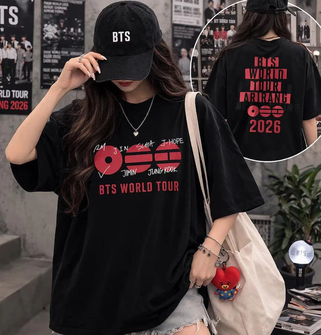 Camiseta Gráfica Unissex 100% Algodão BTS Arirang World Tour 2026, Disponível em Tamanhos Infantis, Moda Kpop de Verão para Homens e Mulheres