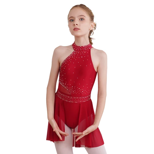Imagen 2 del producto Vestido de patinaje sobre hielo con cuello Halter y diamantes de imitación brillantes para niñas, traje de competición, danza, gimnasia, falda, leotardo, Ropa de baile