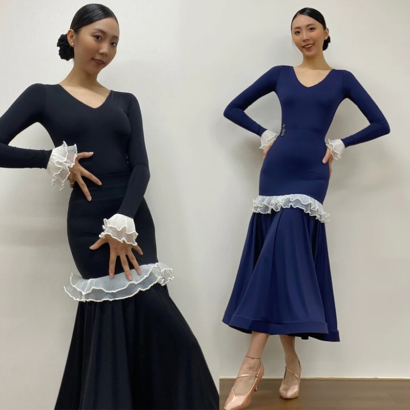 2025 vêtements d'entraînement de danse de salon hauts à manches longues jupe longue en dentelle femmes Costume Latin Walrz robe de concours de danse BL16035