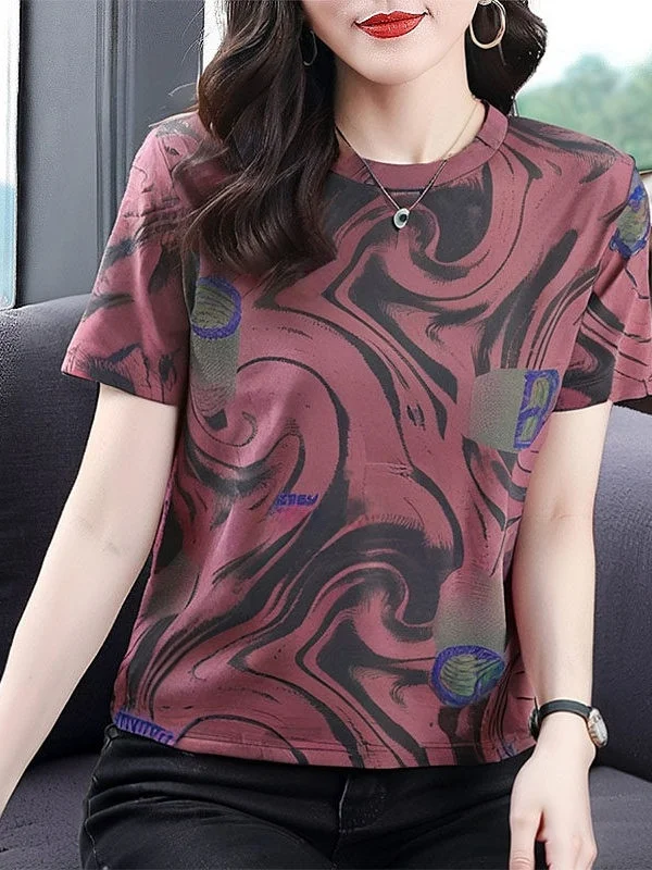 

Mom's Short Sleeve round Neck T-Shirt European Style Casual Loose Fit Polyester Fiber Printed Summer Versatile Women's Top