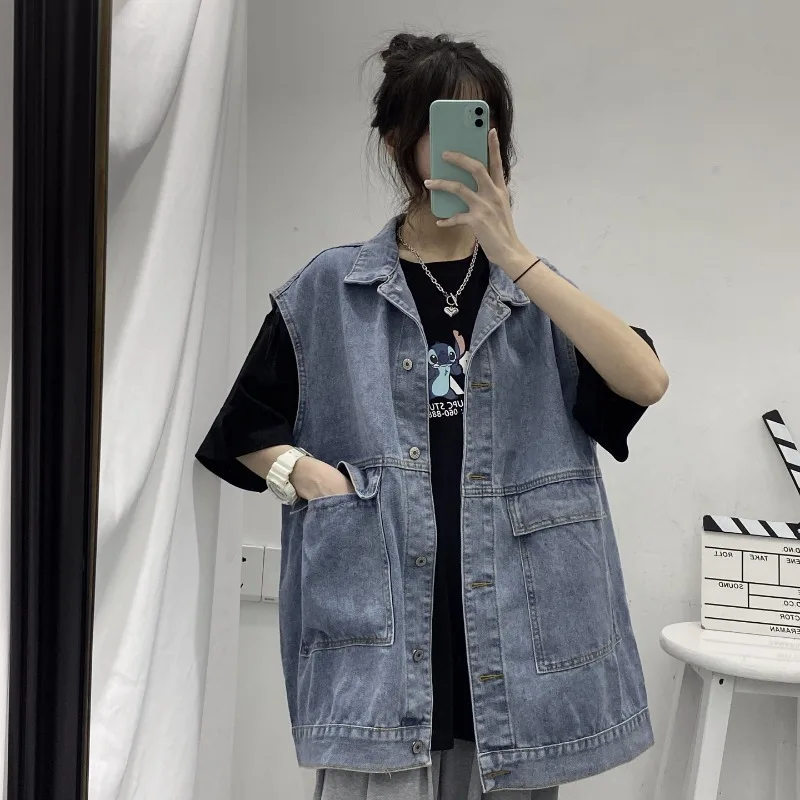 Mulheres Single Breasted Denim coletes, streetwear chique, tops sem mangas, casacos de carga, lapelas, bolsos, blusas monocromáticas, novo, Tendências Vestuário