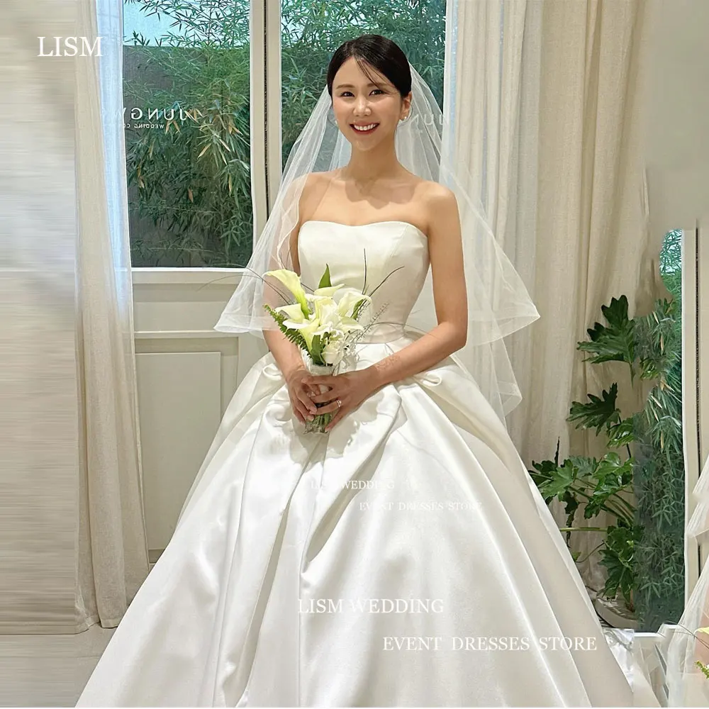 LISM Princess Wedding Dresses With Veil Photography Korea Pure White A-Line Sleeveless Satin  Custom Corset Back Bridal Gowns