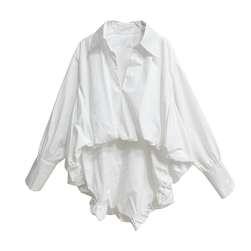 Women's New Solid Color V Neck Shirt Irregular Ruffle Loose Breathable Soft Fabric Elegant Office Commute Stylish Versatile Top 5