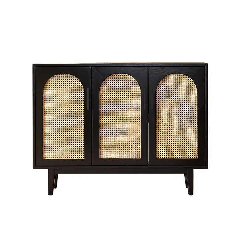 

Nordic solid wood dining side cabinet, black household, simple rattan arch, storage locker