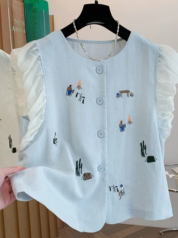 

Korean Cartoon Embroidery Small Flying Sleeve Shirt Women's Summer Artistic Refreshing round Neck Thin Versatile Elegance Sma...
