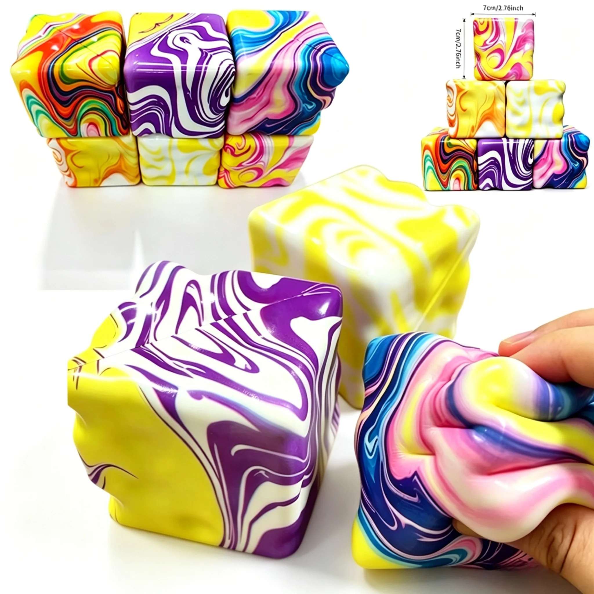 Hot 7cm Marbled Swirl Cheese Cube Stress Ball Shapeable Squeeze Non-Bounce Fidget Toys ASMR Sensory Decompress Creativity Gifts