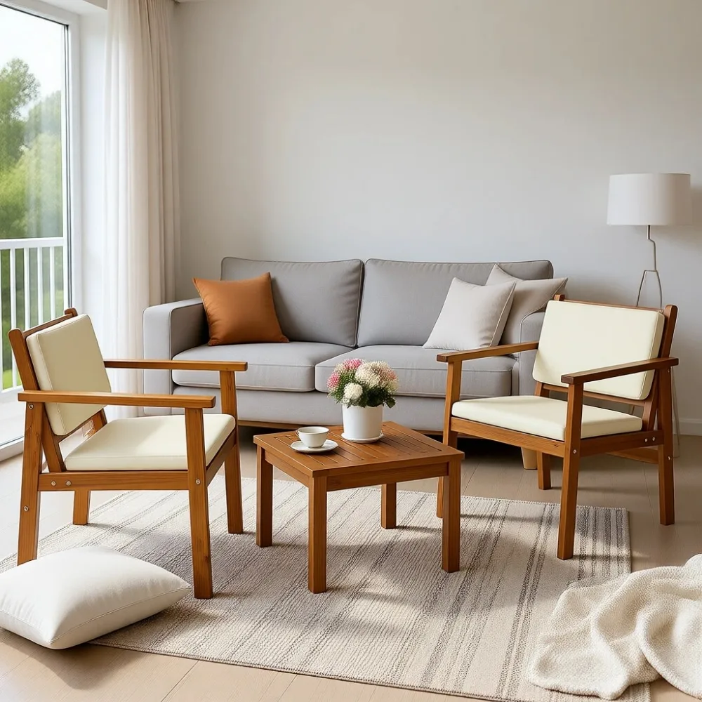 Acacia Wood Porch Chairs Set: Balcony Furniture with Table and Cushions for Outdoor Conversations