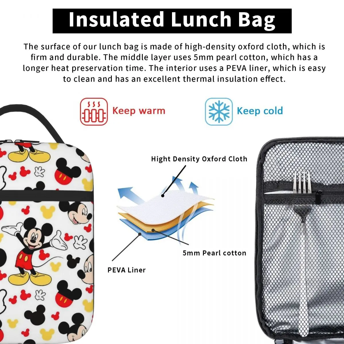 Mickey Mouse Cute Cartoon Insulated Lunch Bag Cooler Bag Reusable Large Tote Lunch Box Food Storage Bags Work Picnic