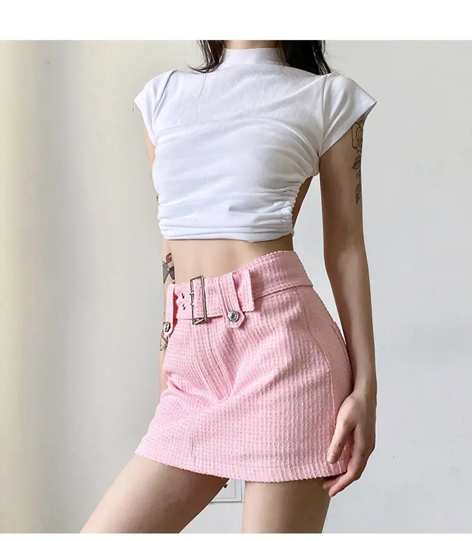 Jupe courte A-Line rose avec ceinture pour femme, taille haute, coupe couvertes, couvrant les hanches, amincissante, douce, polyvalente, été