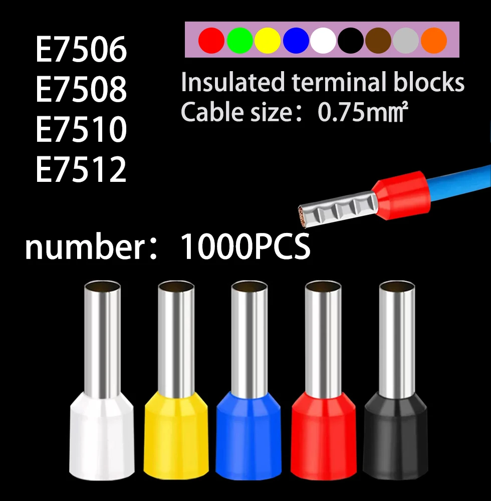 1000pcs/Pack E7506 E7508 E7510 E7512 Insulated Ferrules 0.75mm² Terminal Block Cord End Wire Connector Electrical Crimp Terminat