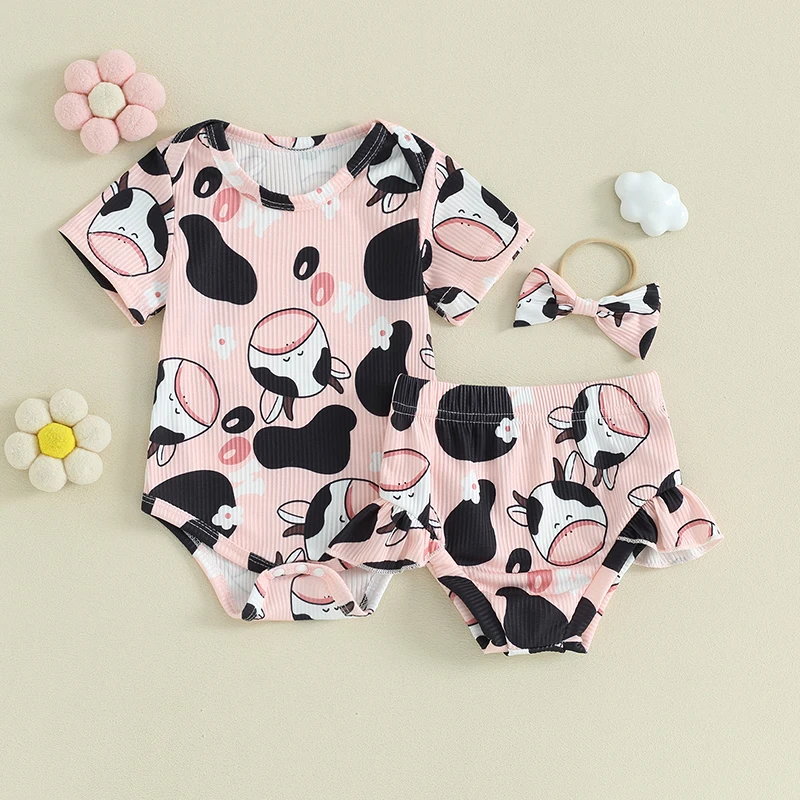 

2024-01-20 Lioraitiin Infant Baby Girl Summer Clothes Short Sleeve Cow Print Ribbed Romper Bodysuit Ruffle Bloomer Shorts Outfit