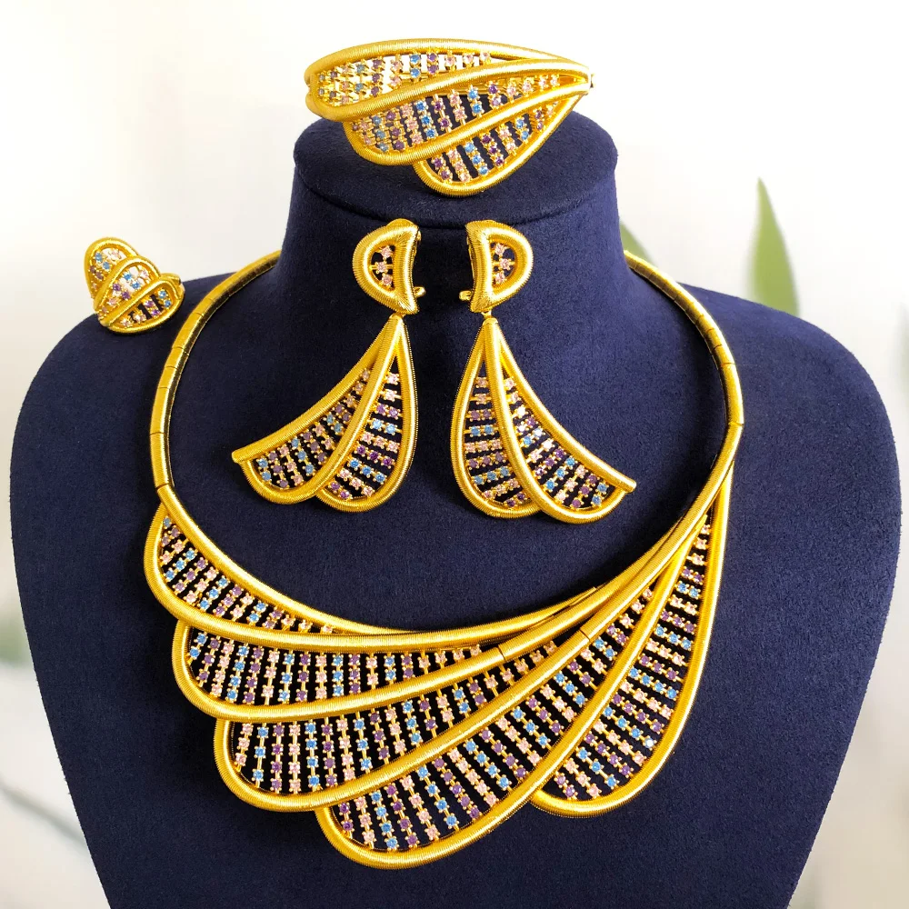 Missvikki Luxury 4pcs Crossover Nigerian Jewelry Sets Necklace Earring Bangle Ring Set For Women Wedding Jewelry Trendy HOT New