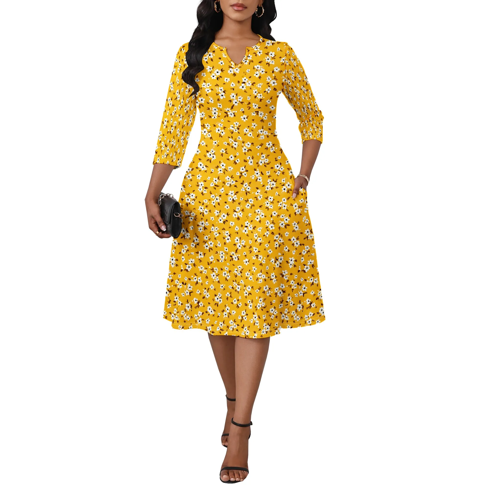 Ladies' Casual Floral Dress, A-line and Flared Skirt, 3/4 Sleeve Cocktail Party Church Dress
