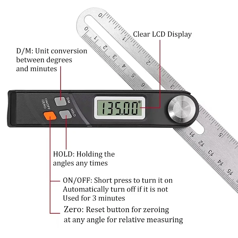 T Bevel Digital Angle Ruler with 6in Sliding Stainless Steel Ruler 360 Degree Digital Protractor Woodworking Measurement Tool