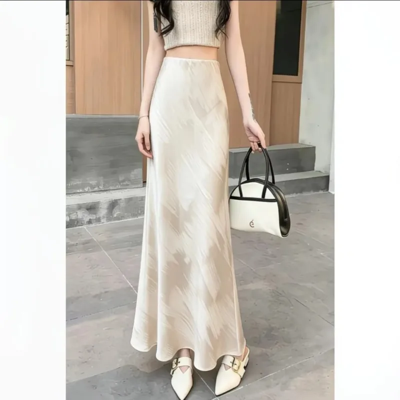 Women Spring Satin Tie Dye Mermaid Skirt High Waist Slim Cover Hip Mid Long Skirt Daily Office Elegant Dress