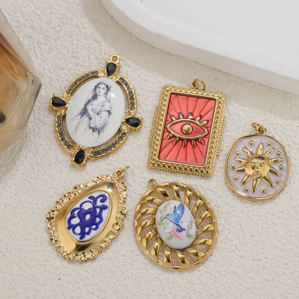 2 Stück Edelstahl-Emaille-Anhänger für Schmuckherstellung, Vintage-Sonnenherz-Anhänger, DIY-Halsketten- und Ohrring-Verbinder-Anhänger – Detail 6