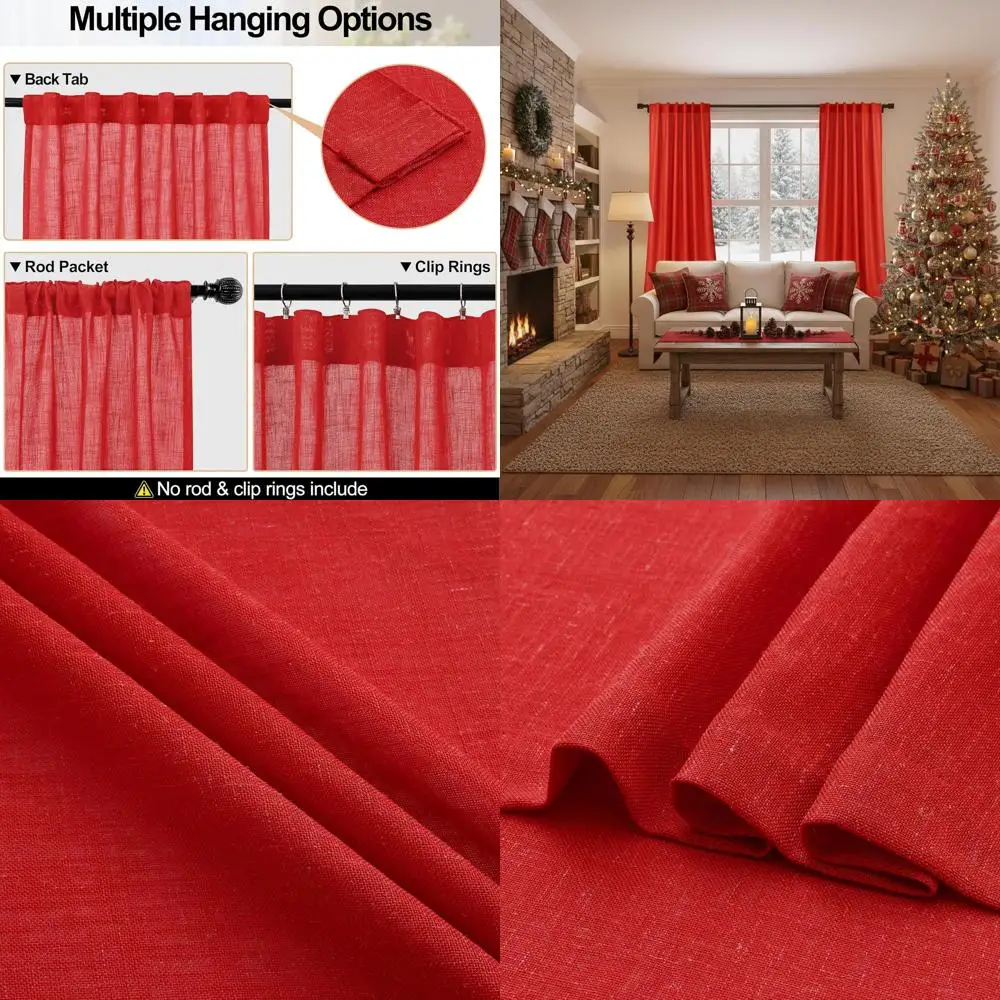 

Red Linen Semi-Sheer Curtains, 120 Length, 2-Panel Set with Rod Pocket and Back Tab, Ideal for Living Room, Bedroom, Farmhouse S