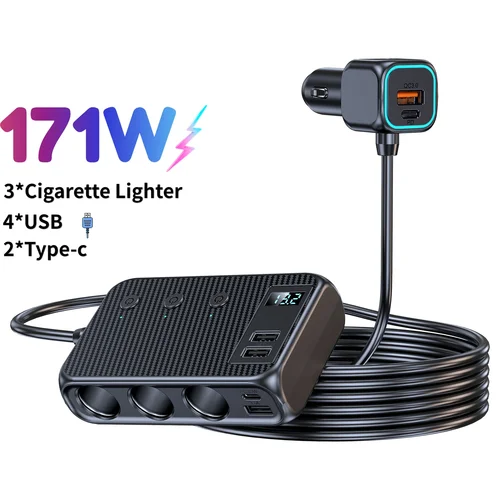 Adaptador de cargador de coche de 171W, divisor de encendedor de cigarrillos 9 en 1, interruptores independientes PD30W/QC 3,0, salida de cigarrillo de 12V/24V CC