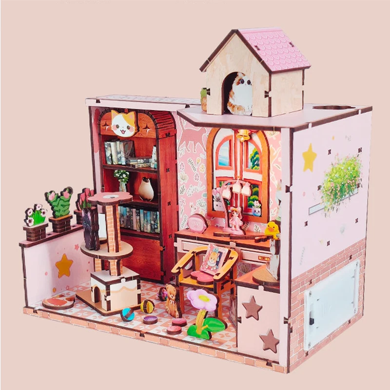 Diy kits de construção em miniatura de madeira casa de gato casas de boneca com móveis casas de bonecas para amigos presentes de aniversário